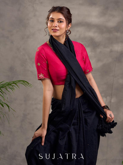 Hot Pink Cotton Silk Blouse with Floral Embroidery on Sleeves & Back