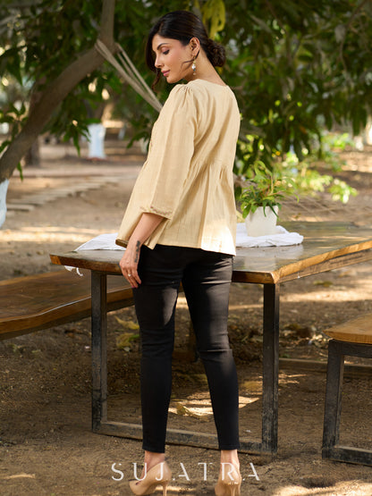 Blooming Beige Cotton Slub Top with Exquisite Hand Embroidered Yoke, Sleeves & Intricate Button Embellishments