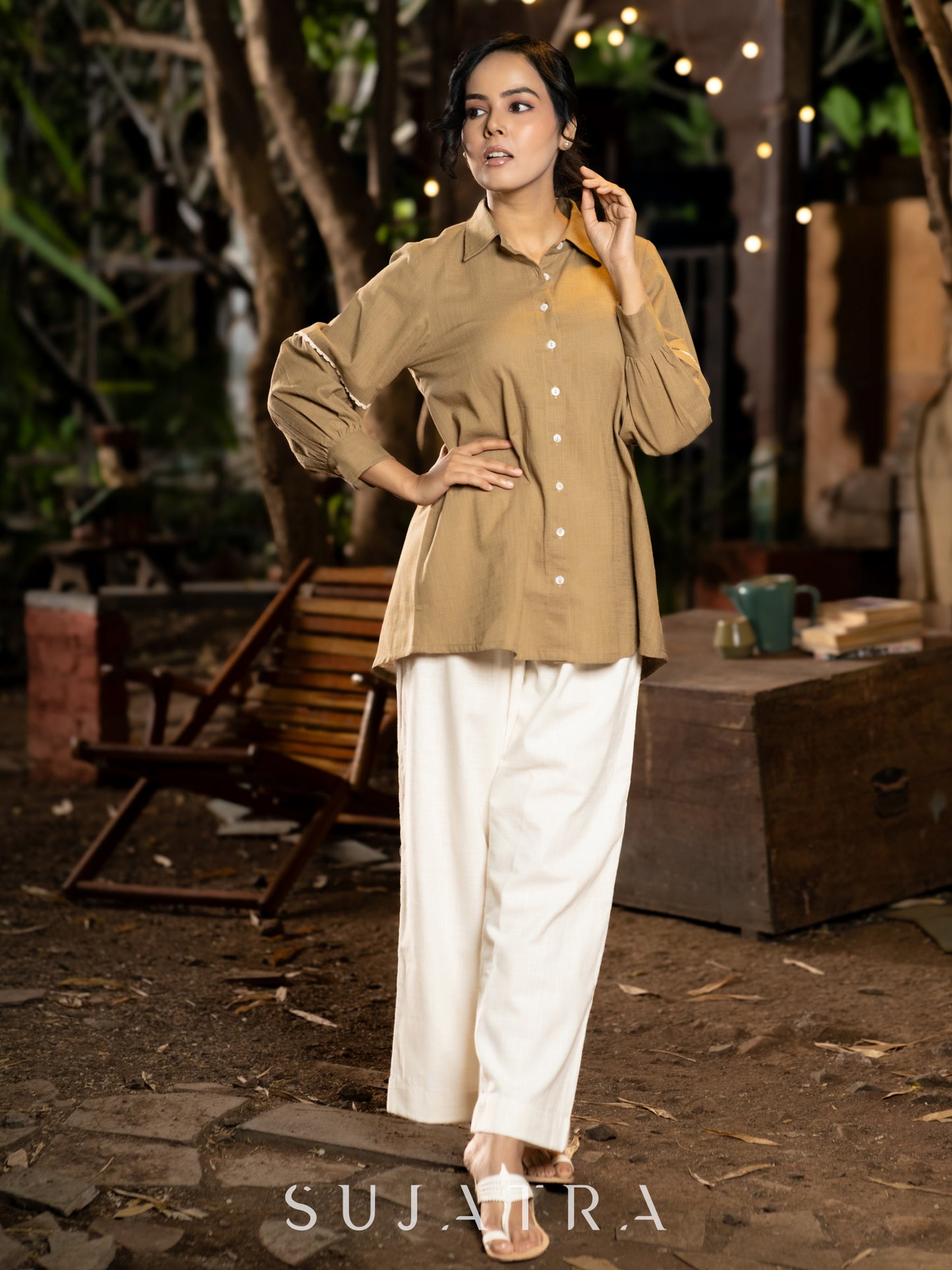 Soft Sand Cotton Shirt with Graceful Crochet Lace Accents