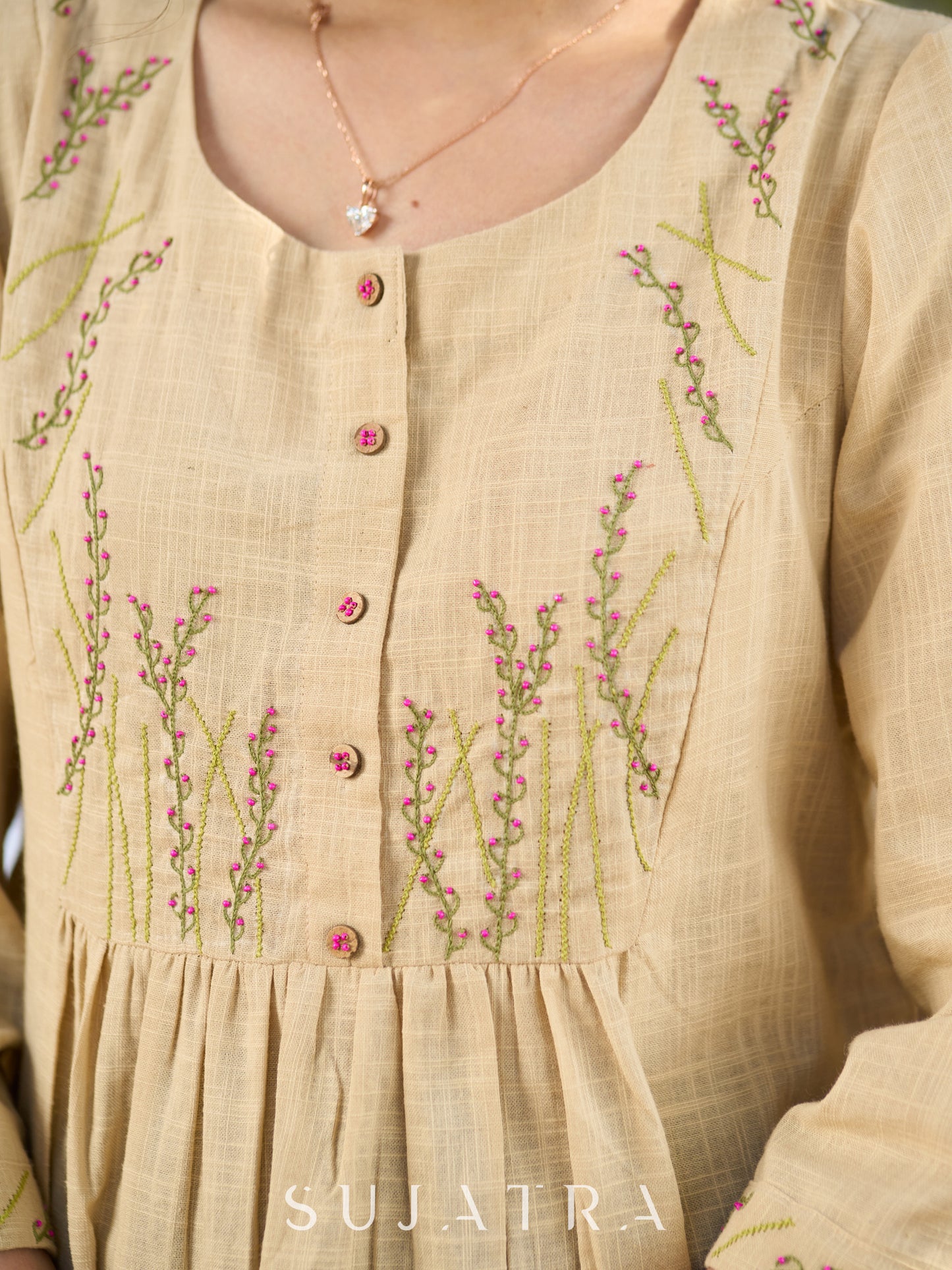 Blooming Beige Cotton Slub Top with Exquisite Hand Embroidered Yoke, Sleeves & Intricate Button Embellishments
