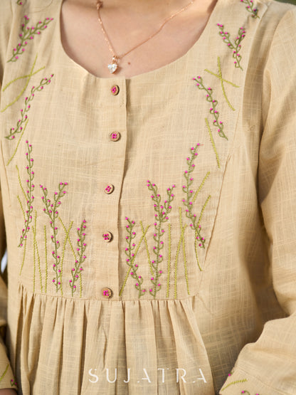 Blooming Beige Cotton Slub Top with Exquisite Hand Embroidered Yoke, Sleeves & Intricate Button Embellishments