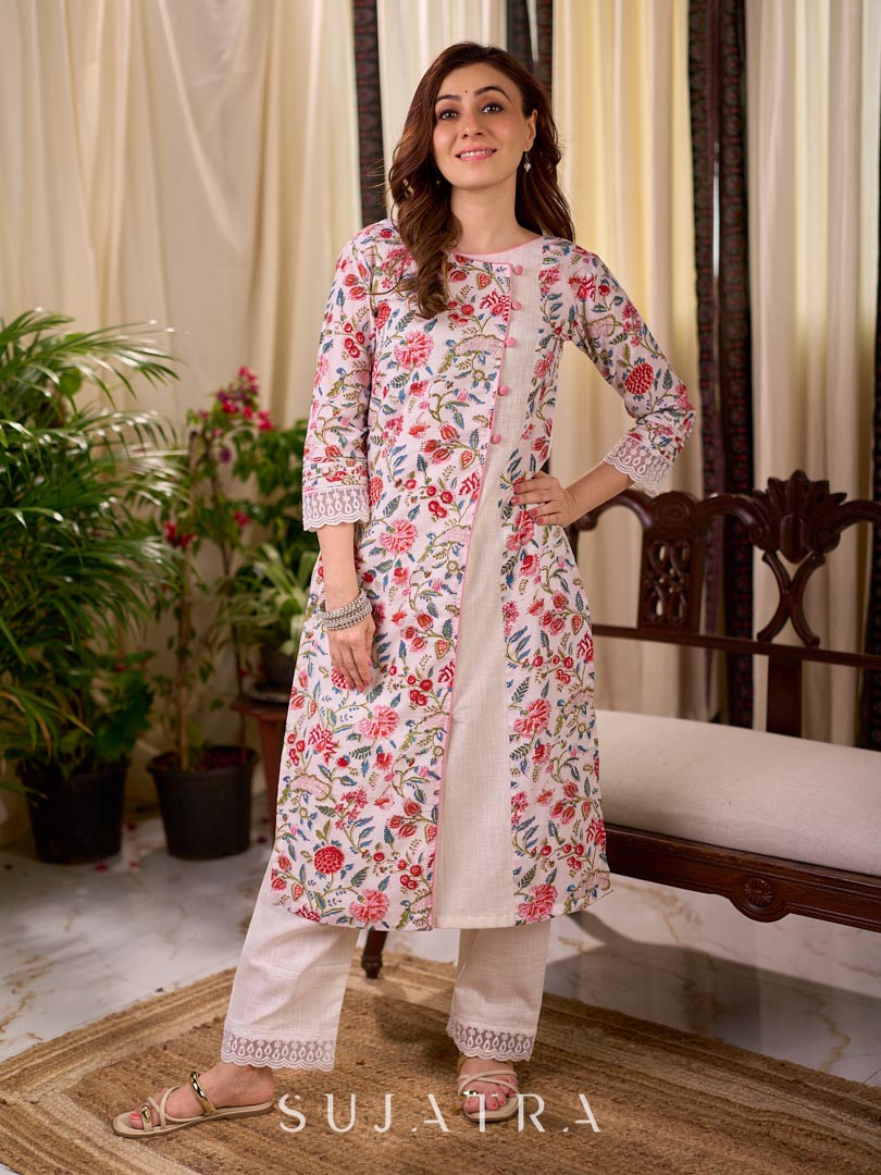 Soft White Mul Cotton Floral Hand Block Print Overlapping Straight Kurta with Pleated Scallop Lace Sleeve