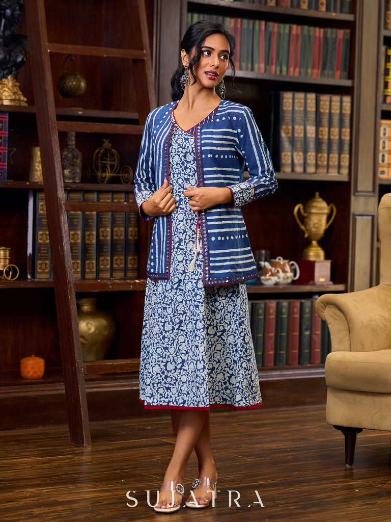 Stylish Indigo Cotton Jacket With Floral Cuffs, Maroon Highlights And Mirror Lace Detailing