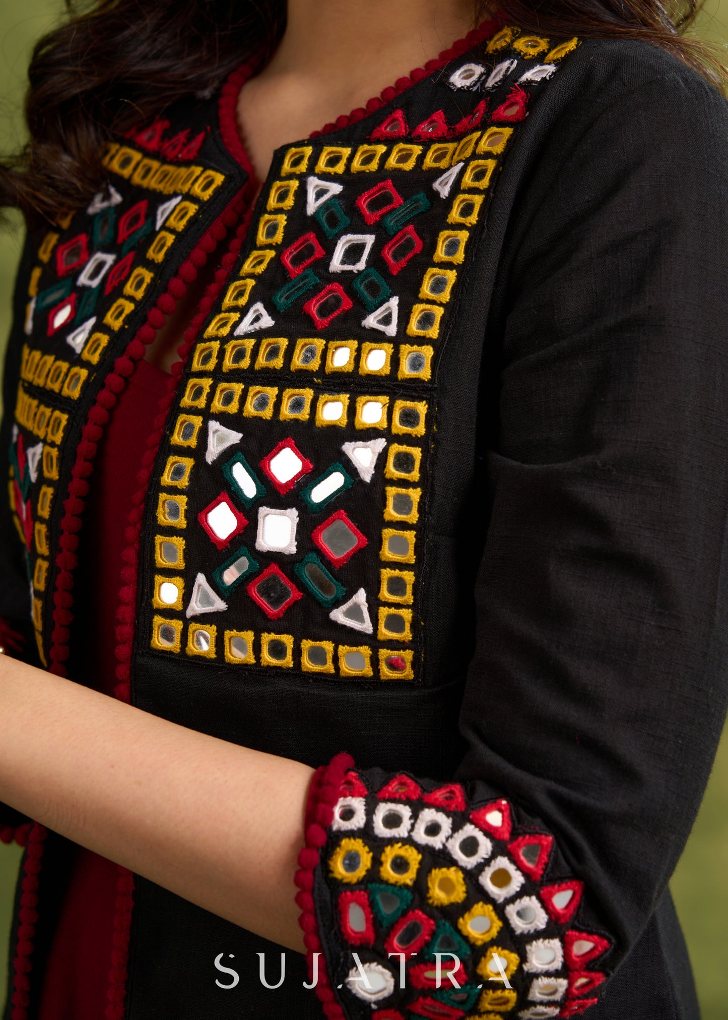 Hand Embroidered Black Cotton Kutch Jacket Featuring Traditional Mirror Work - Dress optional