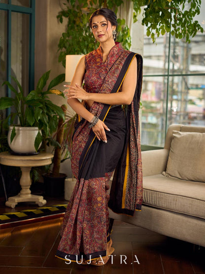 Regal Rust-Brown Chanderi Kalamkari Floral Chanderi Saree with Contrast Black Pallu