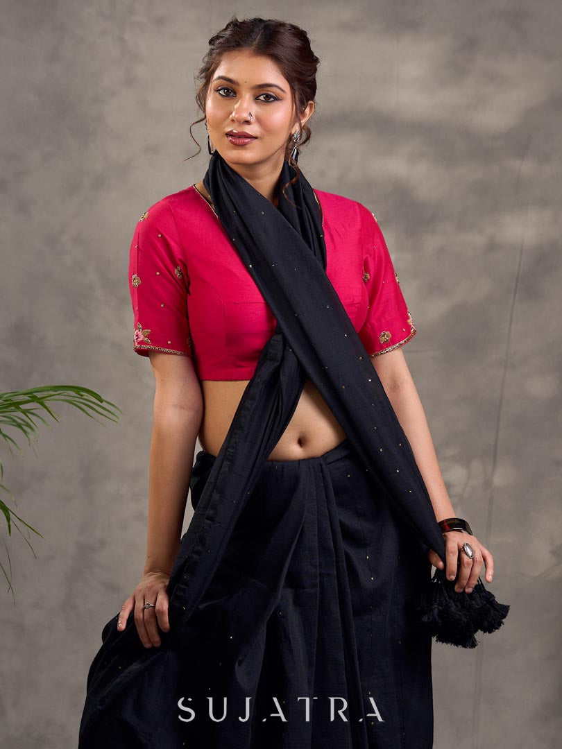 Sleek Black Cotton Saree with Minimal Embellishment