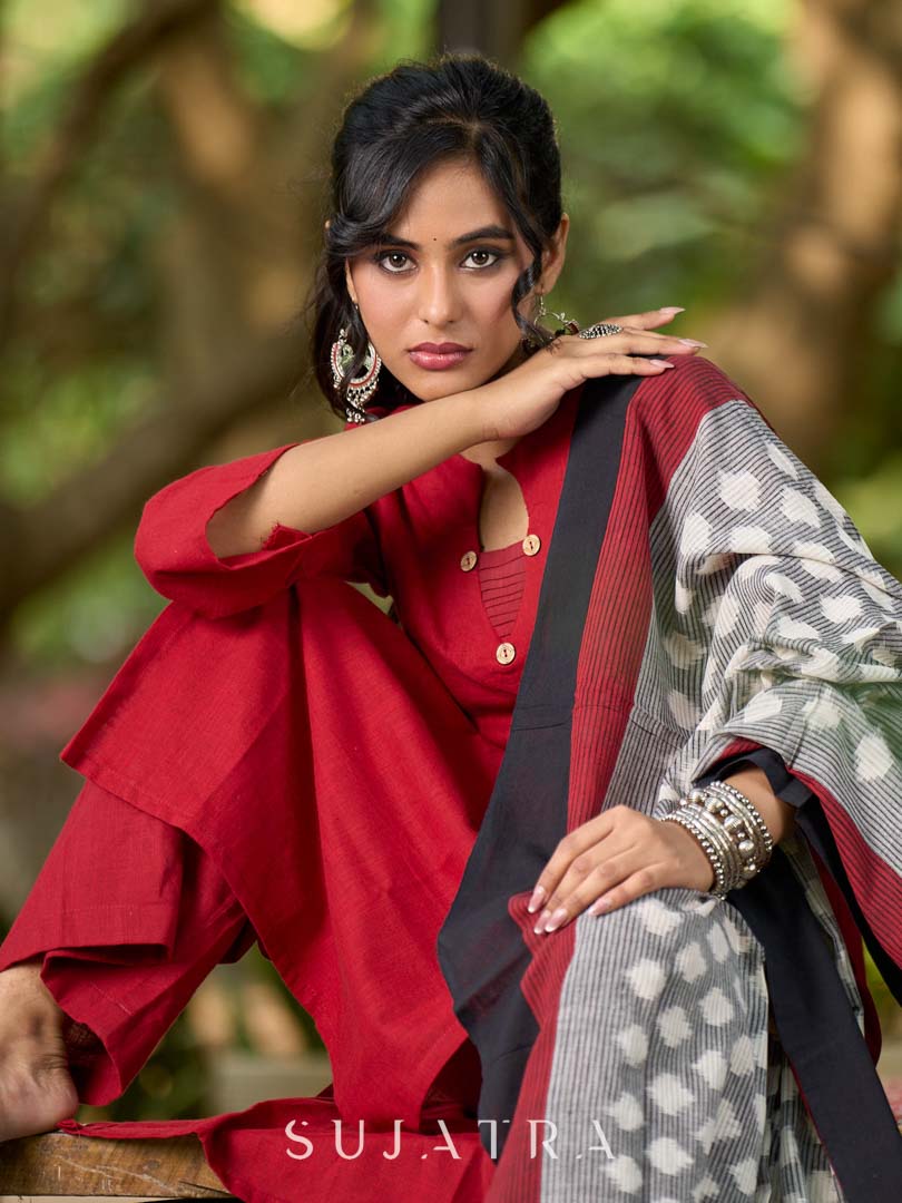 Rich Grey & Black Combination Ikat Cotton Dupatta