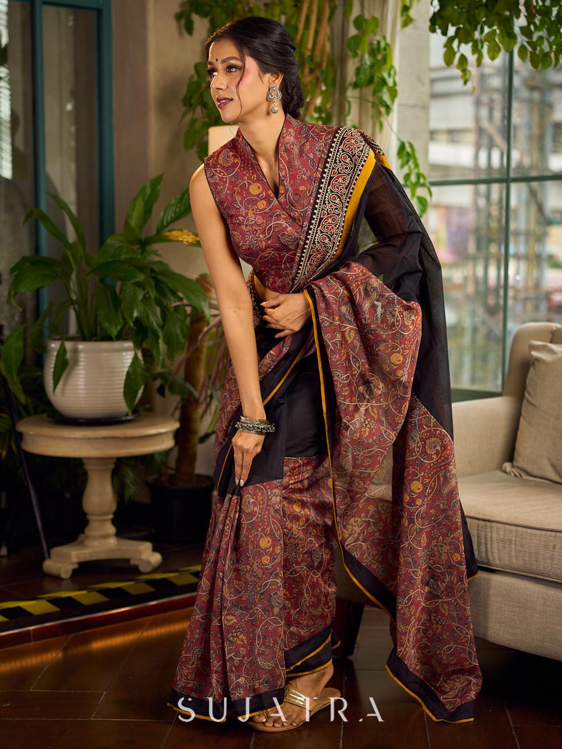 Regal Rust-Brown Chanderi Kalamkari Floral Chanderi Saree with Contrast Black Pallu