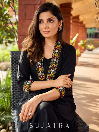 Traditional black rayon A-line kurta with traditional Kutch mirror work - pant optional