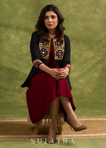 Hand Embroidered Black Cotton Kutch Jacket Featuring Traditional Mirror Work - Dress optional