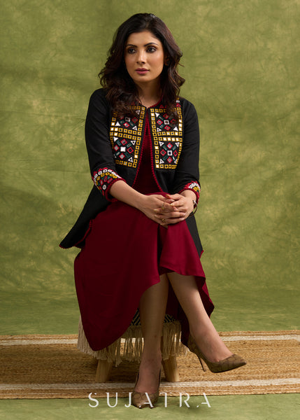 Hand Embroidered Black Cotton Kutch Jacket Featuring Traditional Mirror Work