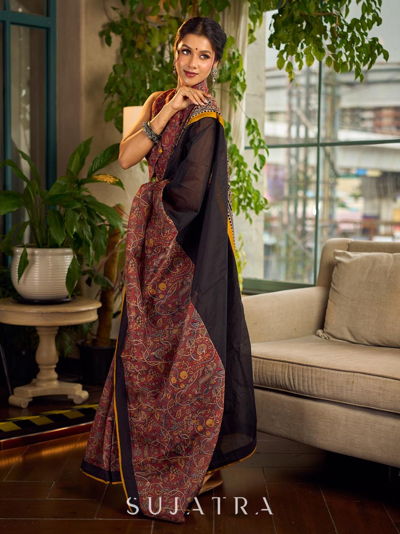 Regal Rust-Brown Chanderi Kalamkari Floral Chanderi Saree with Contrast Black Pallu