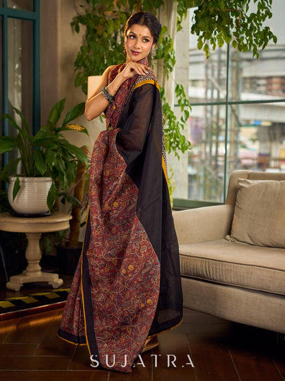 Regal Rust-Brown Chanderi Kalamkari Floral Chanderi Saree with Contrast Black Pallu