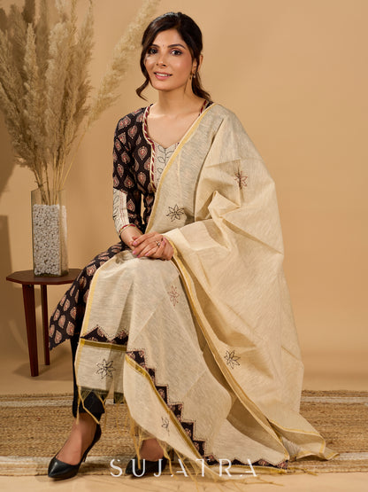 Artisan Noir Kurta Set with Intricate Appliqué & Kantha Work Silk Dupatta