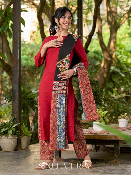 Contemporary Black Cotton Dupatta with Ajrakh Patchwork Pallu & Kutch Hand Embroidered Mirror Work