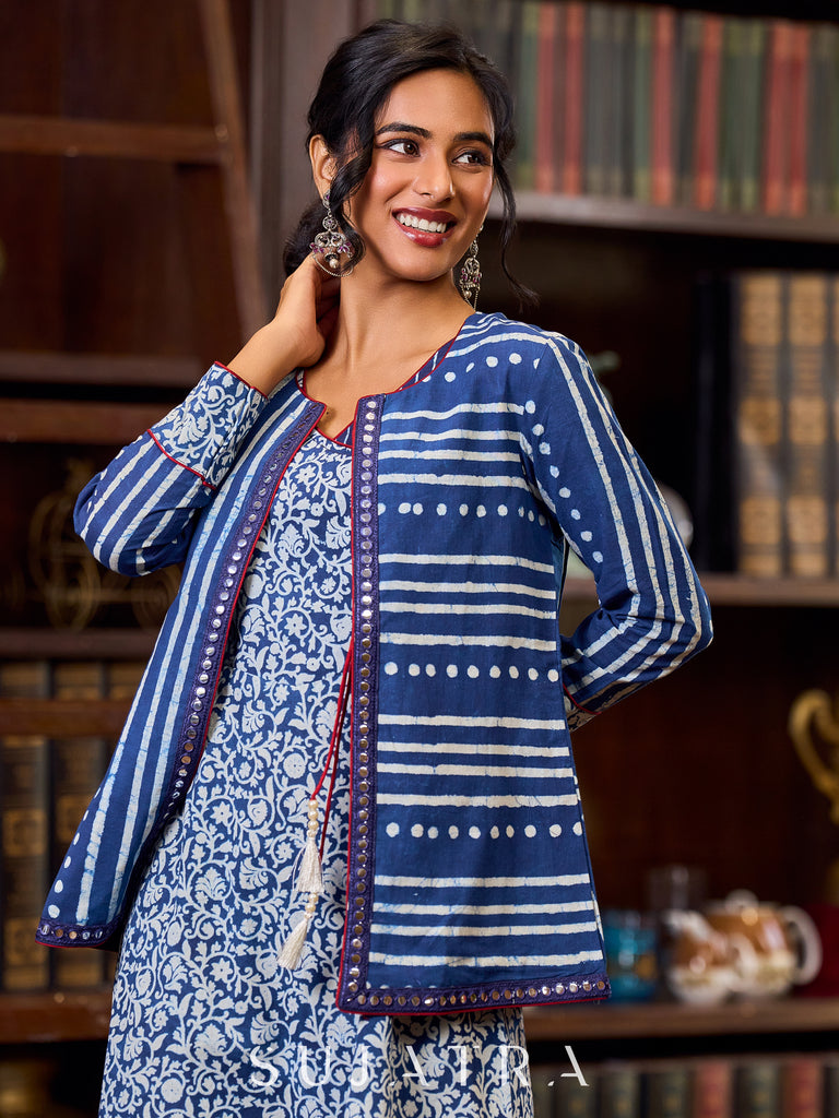 Stylish Indigo Cotton Jacket With Floral Cuffs, Maroon Highlights And Mirror Lace Detailing