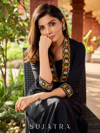 Traditional black rayon A-line kurta with traditional Kutch mirror work - pant optional
