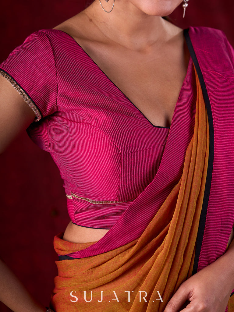 Blush Pink Cotton Silk Striped Blouse with Black Contrast Detailing and Subtle Embellishments