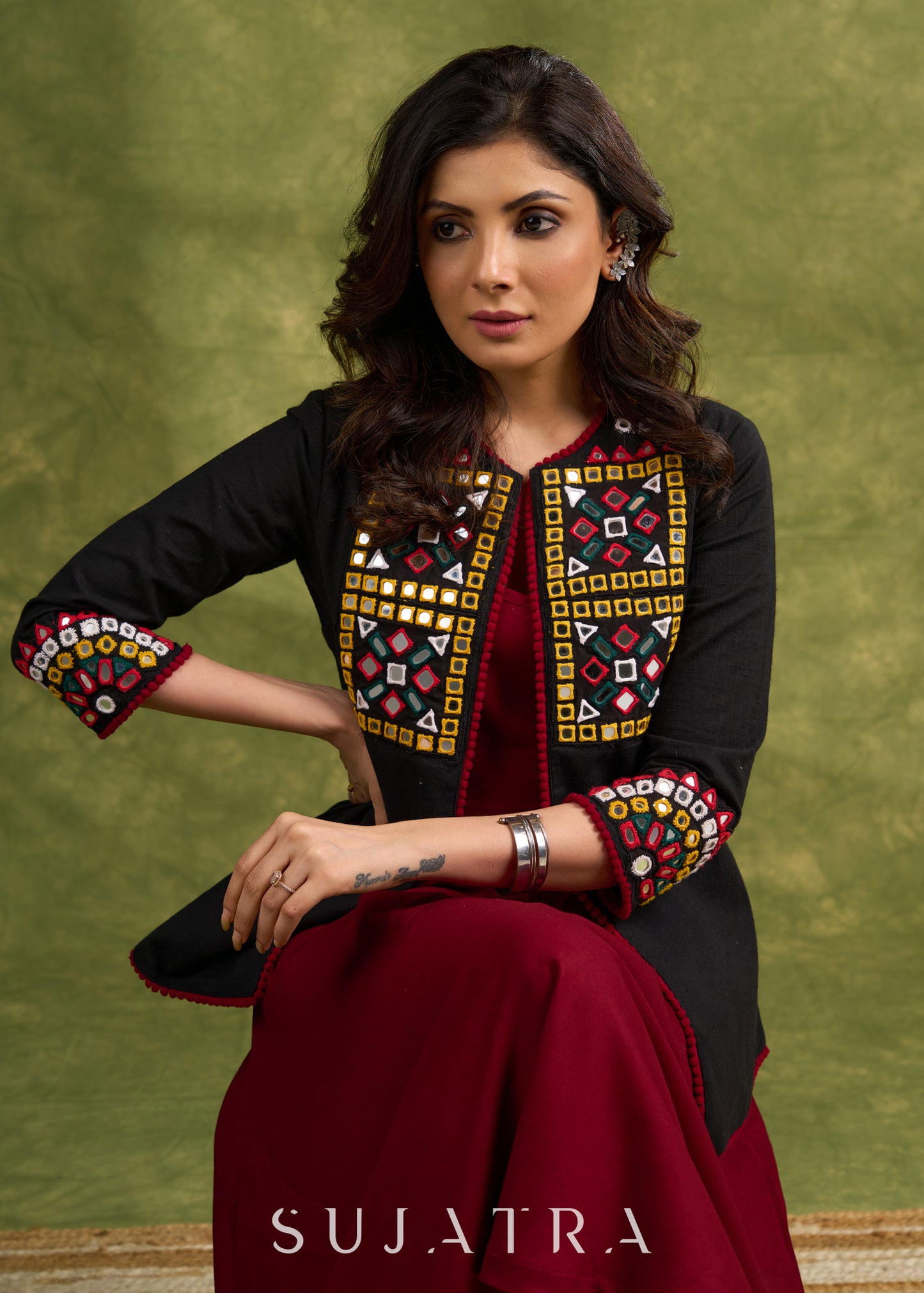 Hand Embroidered Black Cotton Kutch Jacket Featuring Traditional Mirror Work - Dress optional