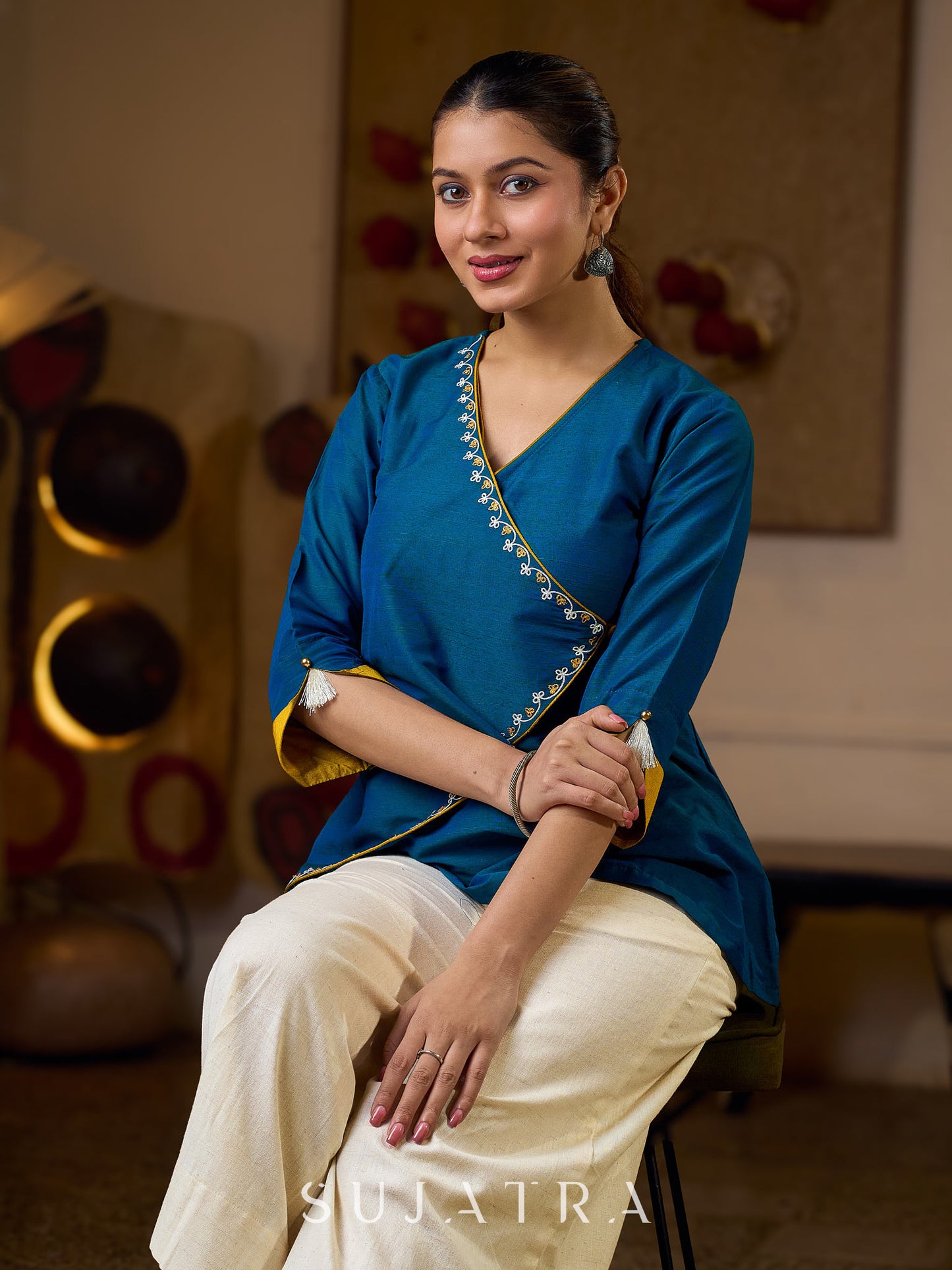 Elegant Embroidered Turquoise Blue Cotton Silk Wrap Top with Mustard Contrast Highlights