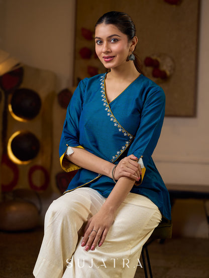 Elegant Embroidered Turquoise Blue Cotton Silk Wrap Top with Mustard Contrast Highlights