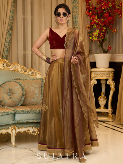 Regal ensemble gold tissue lehenga with intricate embroidery and a stunning velvet blouse  - Dupatta Optional