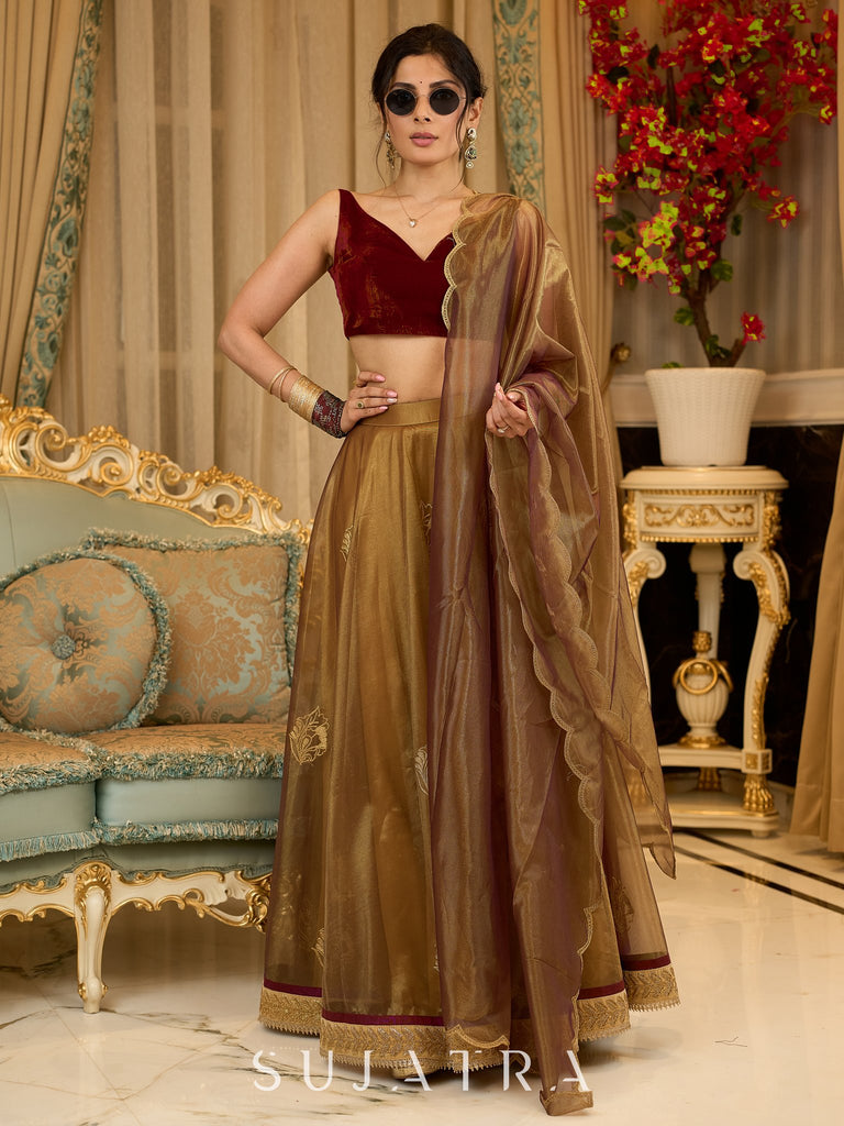 Regal ensemble gold tissue lehenga with intricate embroidery and a stunning velvet blouse  - Dupatta Optional