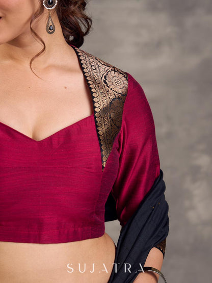 Magenta Cotton Silk Blouse with 3/4th Sleeves and Gold Zari Brocade Shoulder and Cuff