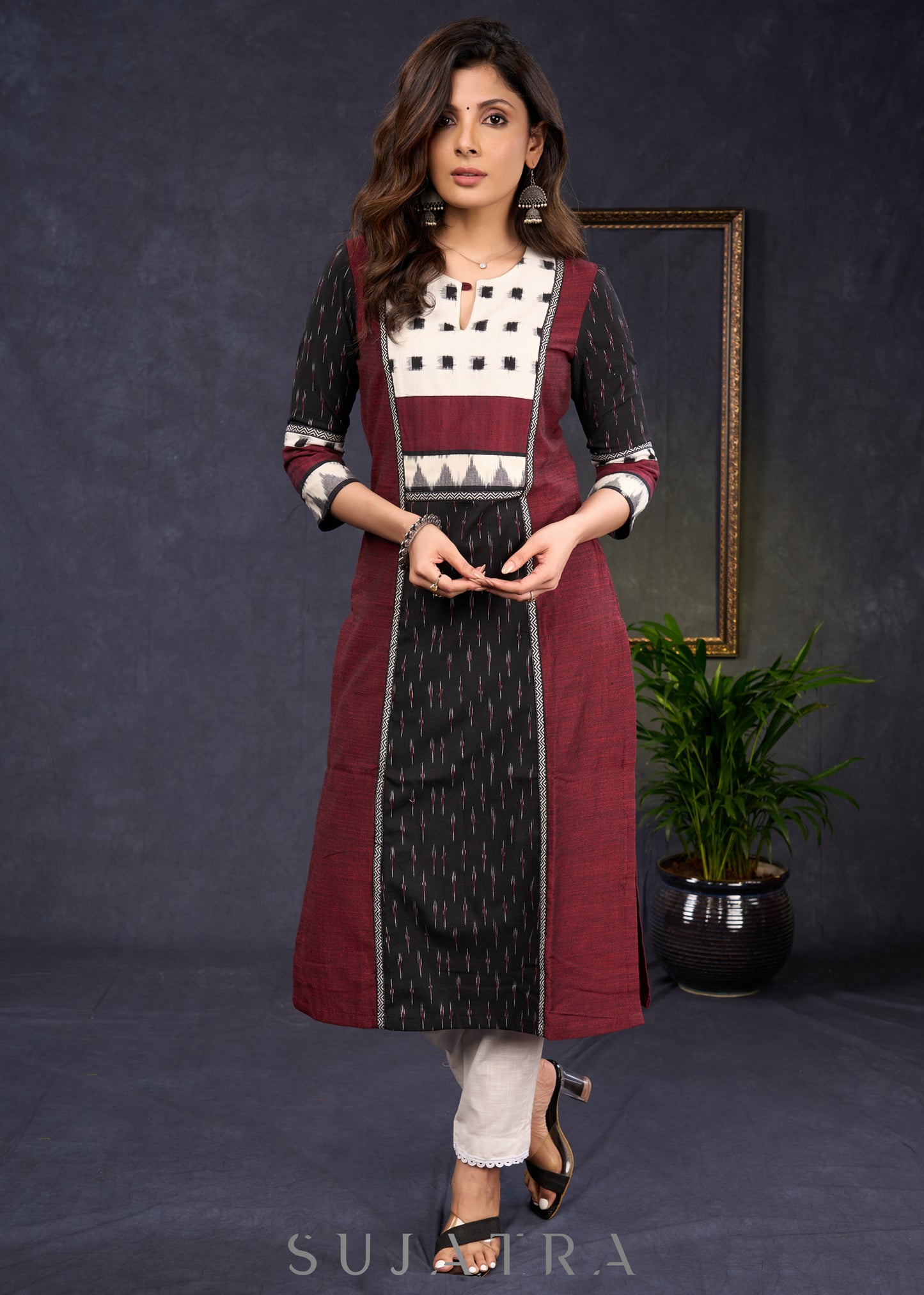 Trendy Black & Maroon Cotton Ikat Combination Kurta - PantOptional