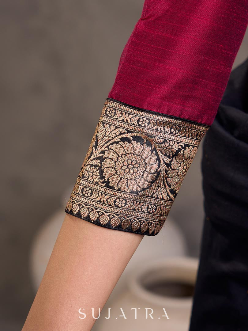 Magenta Cotton Silk Blouse with 3/4th Sleeves and Gold Zari Brocade Shoulder and Cuff
