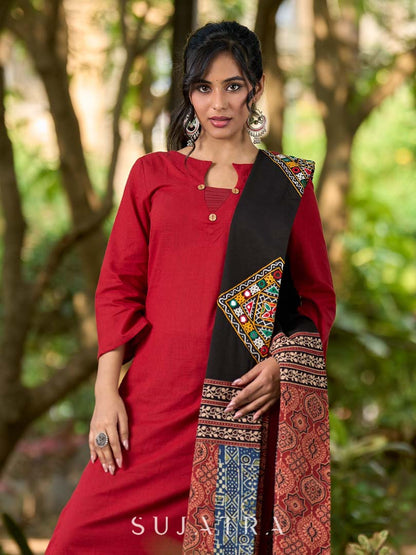 Contemporary Black Cotton Dupatta with Ajrakh Patchwork Pallu & Kutch Hand Embroidered Mirror Work