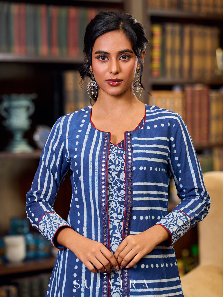 Stylish Indigo Cotton Jacket With Floral Cuffs, Maroon Highlights And Mirror Lace Detailing