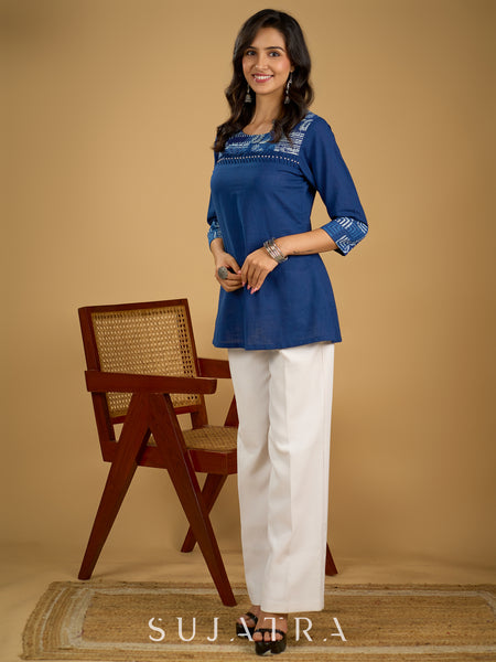Classic indigo cotton patchwork top with  subtle pearl highlights