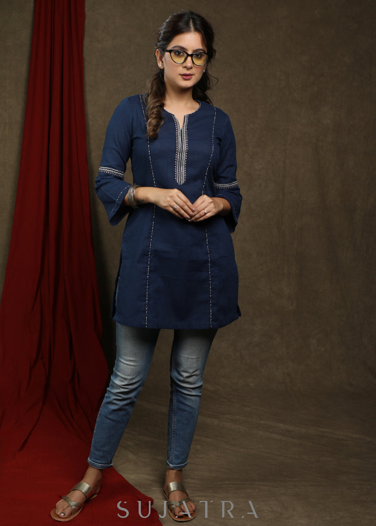 Exclusive navy blue cotton tunic highlighted with beautiful borders
