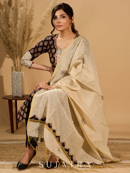 Artisan Noir Kurta Set with Intricate Appliqué & Kantha Work Silk Dupatta