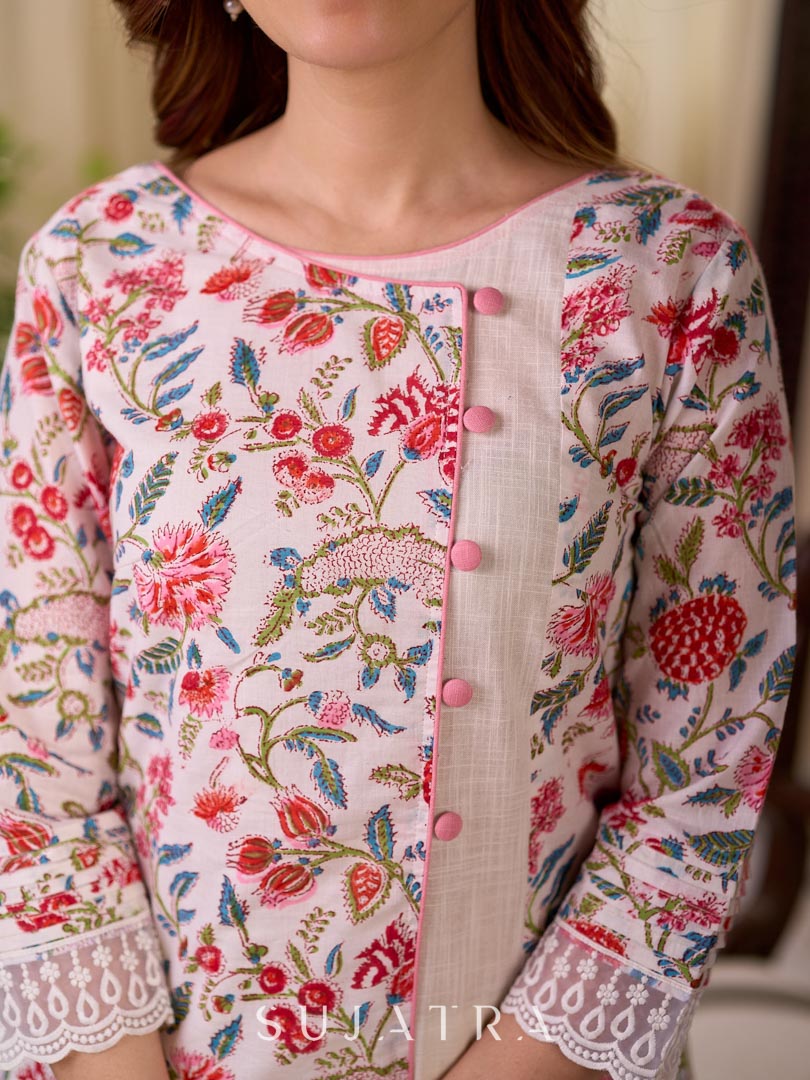 Soft White Mul Cotton Floral Hand Block Print Overlapping Straight Kurta with Pleated Scallop Lace Sleeve