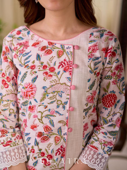 Soft White Mul Cotton Floral Hand Block Print Overlapping Straight Kurta with Pleated Scallop Lace Sleeve