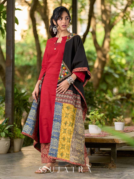 Contemporary Black Cotton Dupatta with Ajrakh Patchwork Pallu & Kutch Hand Embroidered Mirror Work