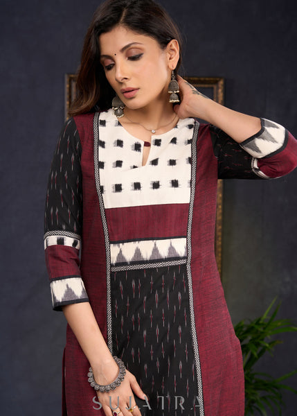 Trendy Black & Maroon Cotton Ikat Combination Kurta