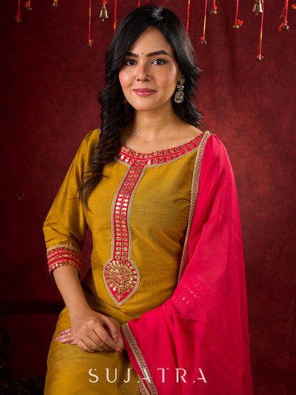 Vibrant Mustard Cotton-Silk Kurta with Pink Highlights & Subtle Gota Patti Work