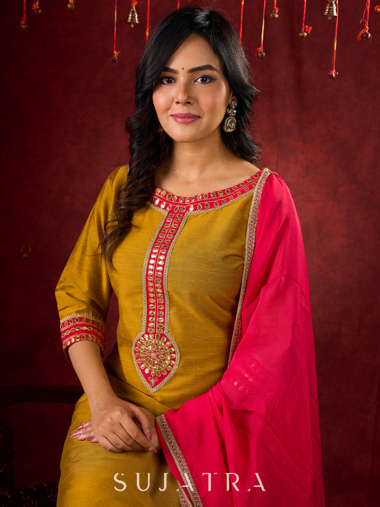 Vibrant Mustard Cotton-Silk Kurta with Pink Highlights & Subtle Gota Patti Work