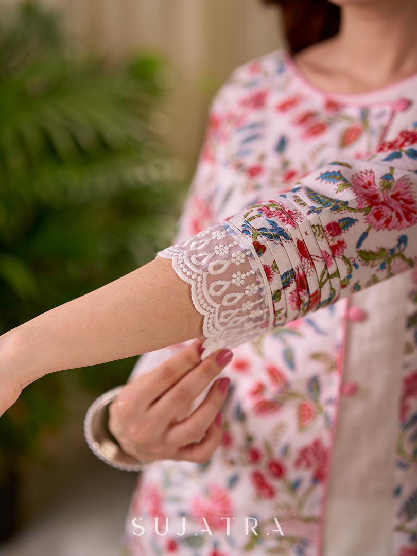 Soft White Mul Cotton Floral Hand Block Print Overlapping Straight Kurta with Pleated Scallop Lace Sleeve