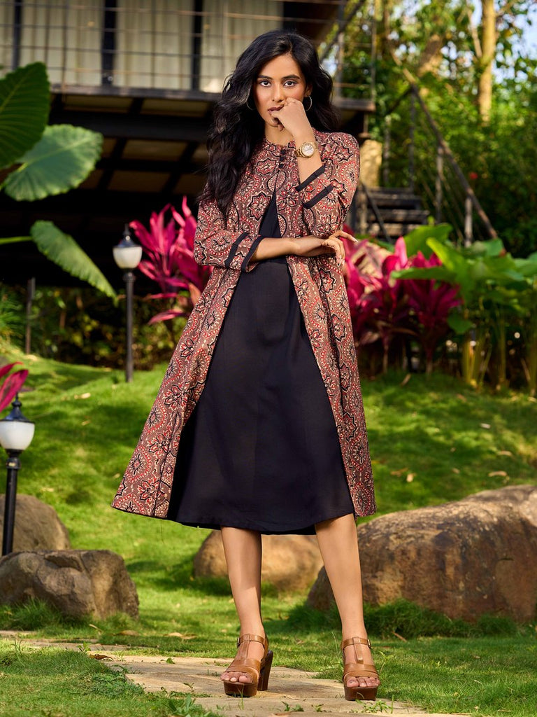 Graceful Black Rayon A-Line Dress with Handcrafted Ajrakh Attached Jacket and Mandarin Collar