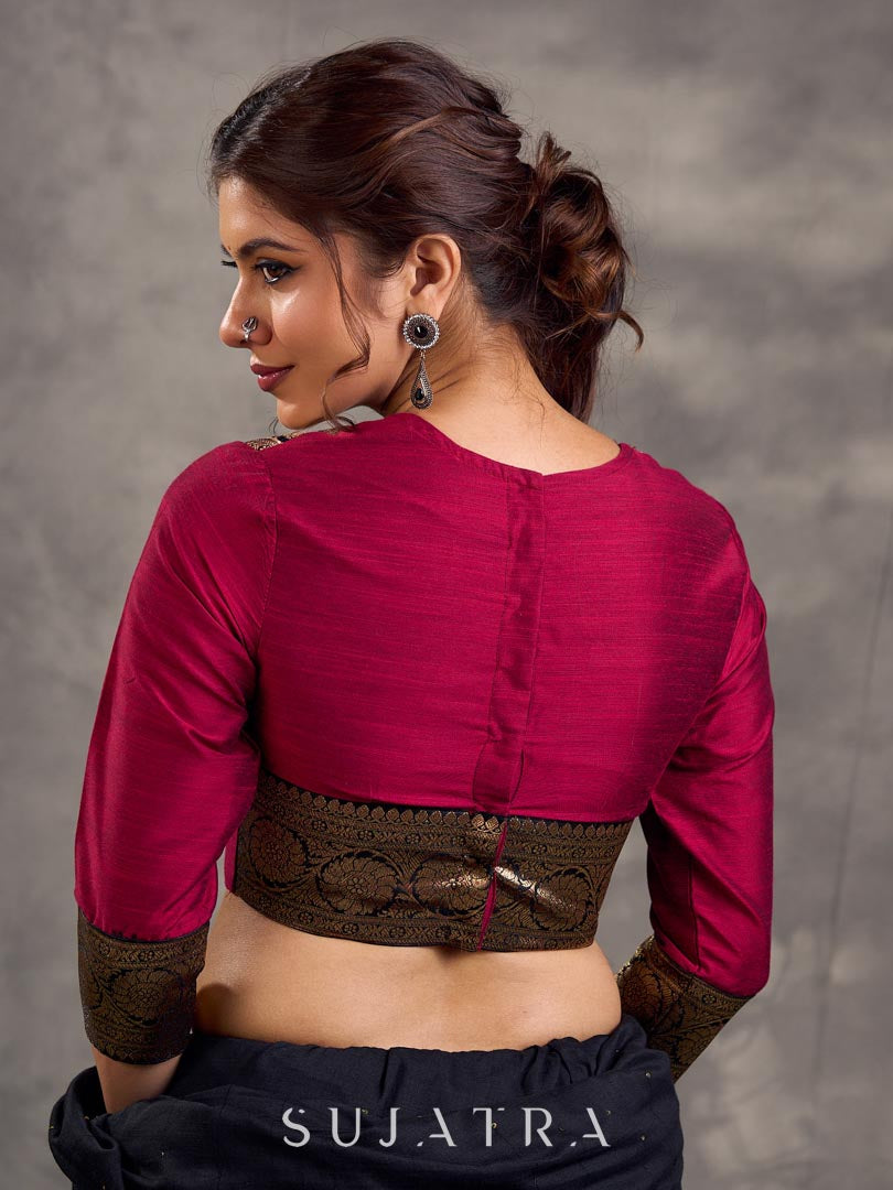 Magenta Cotton Silk Blouse with 3/4th Sleeves and Gold Zari Brocade Shoulder and Cuff