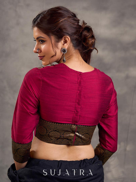 Magenta Cotton Silk Blouse with 3/4th Sleeves and Gold Zari Brocade Shoulder and Cuff