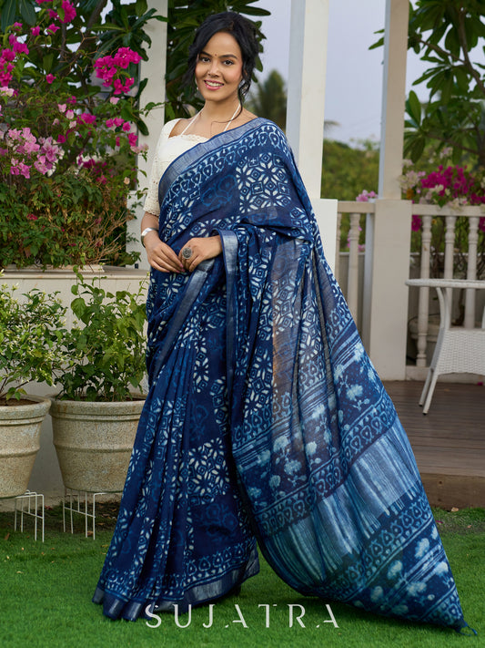 Indigo block-printed elegance on Linen saree, with breezy charm and heritage soul