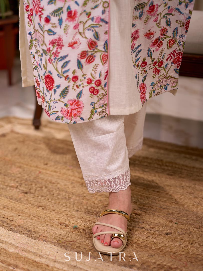 Soft White Mul Cotton Floral Hand Block Print Overlapping Straight Kurta with Pleated Scallop Lace Sleeve