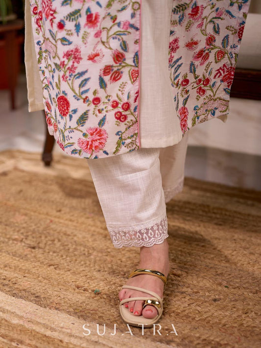 Fresh White Cotton Tailored Pant with Elegant Scallop Lace Hem