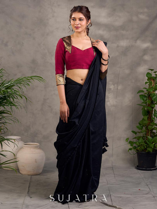 Iconic Black Cotton Saree with Sequins Embellishment