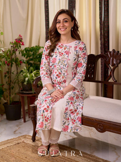 Soft White Mul Cotton Floral Hand Block Print Overlapping Straight Kurta with Pleated Scallop Lace Sleeve